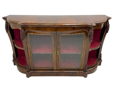 19th century rosewood buffet credenza, bombe form with shaped and moulded top, two central glazed doors with foliate moulded 