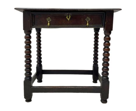 18th century oak side table, ovolo-moulded rectangular two plank top over single drawer with applied mouldings, on bobbin tur