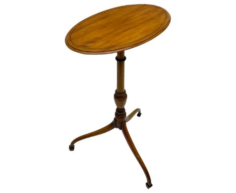 19th century satinwood tripod wine table, moulded oval top inlaid with boxwood and ebony stringing, fine turned vasiform colu
