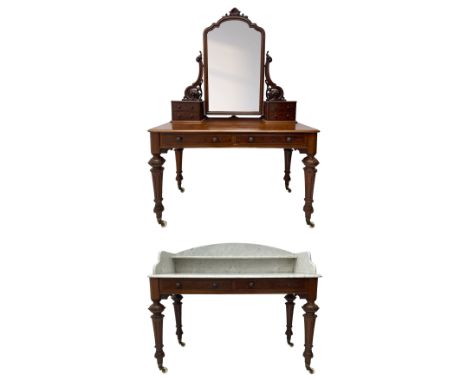 Victorian figured mahogany two-piece bedroom set - the washstand with white and black marble moulded top with arched back and