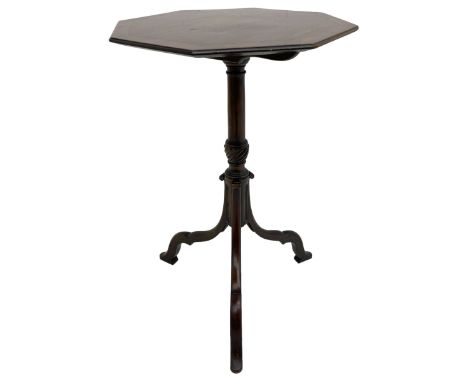 19th century mahogany and fruitwood tripod table, octagonal moulded tilt-top with checkered stringing and fruitwood band encl