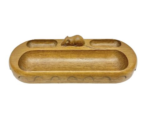 Mouseman - oak pen tray, rectangular form with rounded ends, carved mouse signature over penny moulded edge, by the workshop 