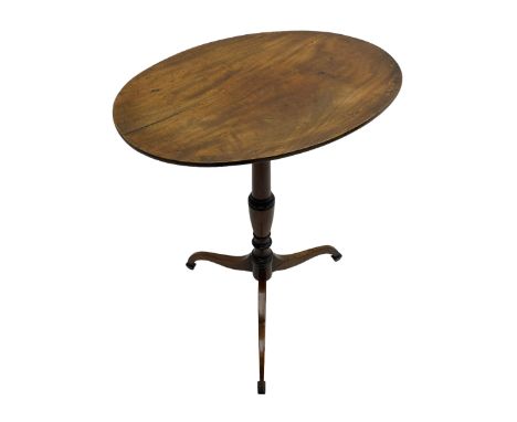 19th century mahogany pedestal table, oval top over a turned vasiform column terminating in splayed tripod base with spade fe