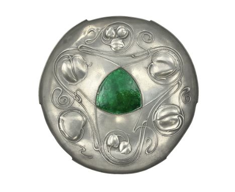 Liberty & Co Tudric pewter Bollelin tray, designed by Archibald Knox, of circular form with shaped edge, cast in relief with 