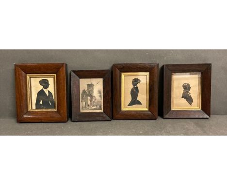 A selection of three framed miniatures and a small print of a vintage scene 