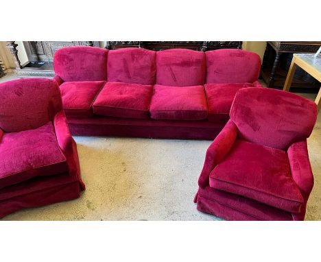 A vintage velvet red sofa and two arm chairs (Sofa H80cm W286cm D100cm Chairs H80cm W80cm)