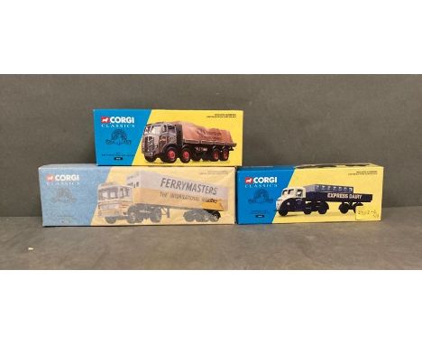 Three Corgi Classics Diecast 15101 Express Dairy Scammell Scarab Set 09701 ERF 8 Wheel Rigid load set 21301 Ferrymasters AEC 