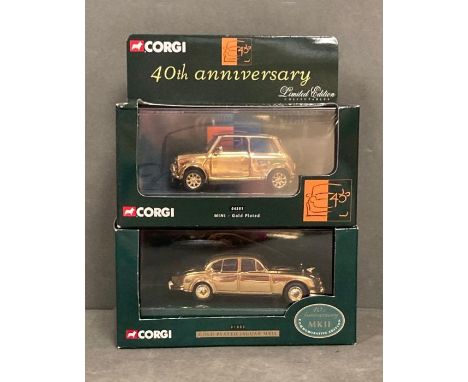 Two Corgi Diecasts 04501 Mini Gold Plated 01805 Gold Plated Jaguar MKII