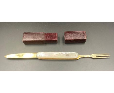 A Mother of Pearl cased silver knife and fork set portable set, in leather case, hallmarked for Sheffield 1888, makers mark f