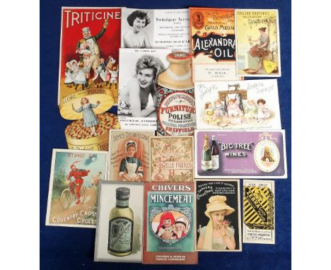 Trade cards, a collection of 16 advertising cards, various products inc. Chivers, Big Tree Wines (blotter), Jeyes Disinfectan