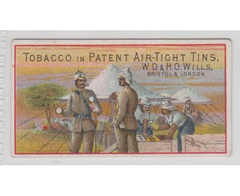Cigarette card, Wills, Advertising card, 'Tobacco in Patent Air-Tight Tins'', illustrated with Army tent scene (gd) (1)