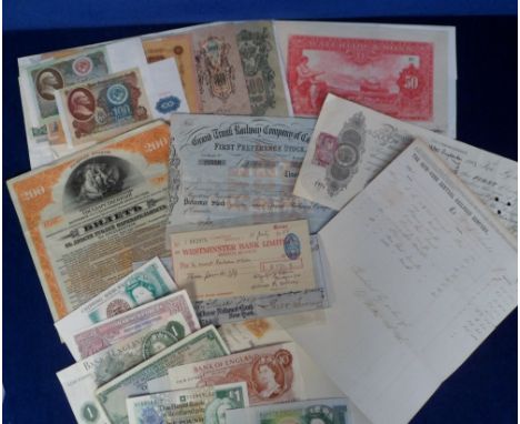 Banknotes etc, cheques, stocks and bonds to include British, Russian and other banknotes, Grand Trunk Railway Co. of Canada s