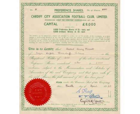 Football, Cardiff City, share certificate number 6 for 400 preference shares, made out to HH Merrett and dated 4 April 1940, 