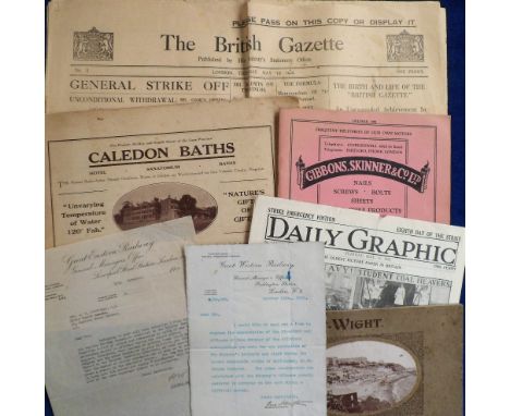 Ephemera, a mixed selection inc. 2 National Strike papers for May 1926, Rail Strike 1919 correspondence to Army for use of tr