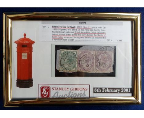 Stamps, British Forces In Egypt 1882 (Sept 11) piece with GB 1880 1/2 d green and 1881 1d lilac horizontal pair tied by 3 fin
