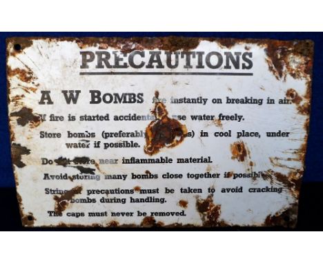 Militaria, 'AW Bombs' enamel warning sign from the lid of the No 76 grenade box as issued to The Home Guard (approx. size 12 