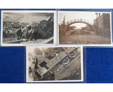 Postcards, Railways, 2 RP's of the train crash in 1907 at Park St Railway Bridge near Camberley Surrey station. The engine ha