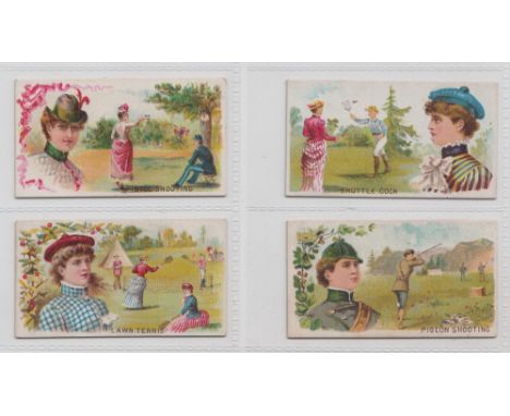 Cigarette cards, USA, Goodwin's, Games &amp; Sports Series, 4 type cards, Lawn Tennis, Pigeon Shooting, Pistol Shooting &amp;