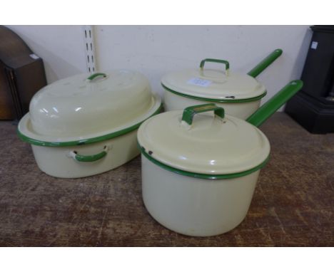 Two 1950's enamel pans and matching casserole dish 