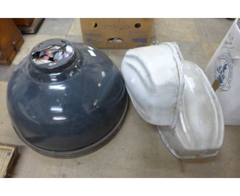 Five circular industrial light shades and two aluminium street lights 