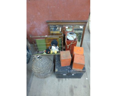 A vintage strong box, an oak mirror, a wine carrier, a French magazine rack, etc. 