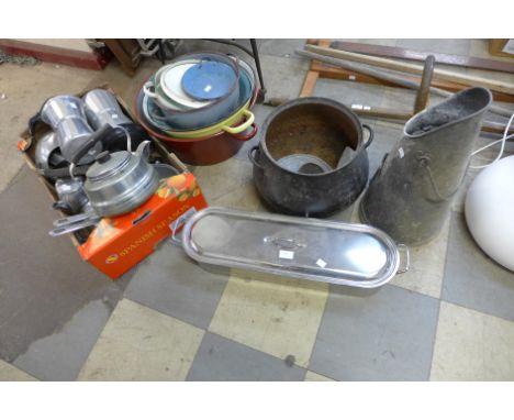 Assorted French enamel ware bowls, a pot, a galvanised coal bucket and other cooking utensils 