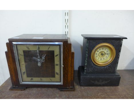 An Art Deco oak Westminster chime mantel clock and a 19th Century French slate mantel clock 