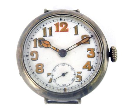 A silver cased wristwatch head, with a white enamel dial, with painted numbers, hands and seconds dial, stamped 925, circa 19