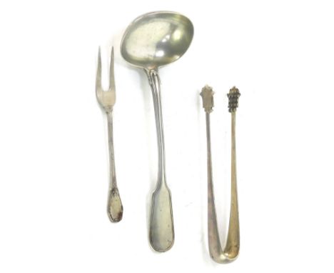A Russian silver cream ladle, engraved with the Russian coat of arms, indistinct kokoshnik mark, together with a pair of suga