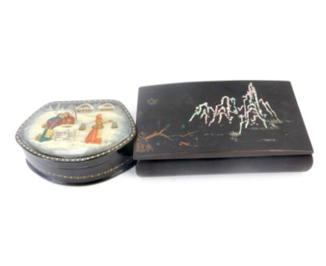 Two painted lacquer boxes, comprising a Russian painted box with figures in a wintry landscape by a well, signed indistinctly