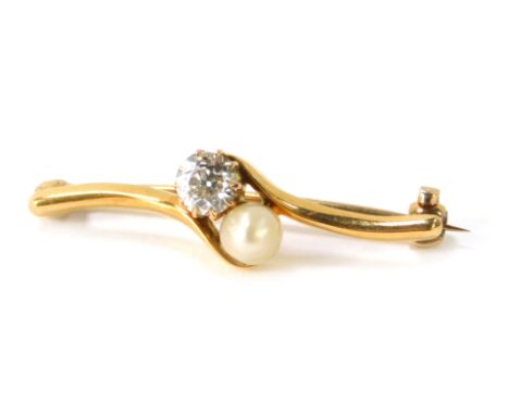 A diamond and seed pearl bar brooch, of two twist design, set with cultured pearl and round brilliant cut diamond totalling a