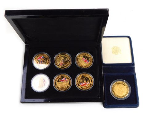 The First World War Centenary coin collection, in fitted case, containing five gold plated alloy crowns, and a 50th Anniversa