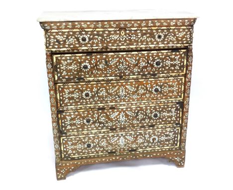 A 19thC Syrian hardwood chest, with mother of pearl and bone inlay, having a serpentine marble top over a cushion drawer, ove