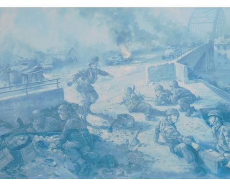 After Alan Fearnley. The Bridge at Arnhem, first edition print individually signed by Major General John Frost CB DSO MSC, 37