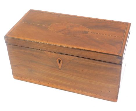 A George III mahogany tea caddy, of rectangular form with satinwood cross banding and boxwood escutcheon plate, the hinged li
