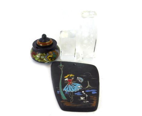 A group of mid century ceramics and glassware, comprising a 1950s Keto Keramic painted plaque, with lamp post, female and cat