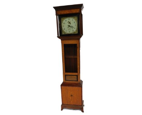 A Georgian oak and inlaid longcase clock, by R Camn of Stroud, square enamel dial with painted floral spandrels, bearing Arab