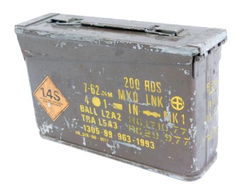 A military ammunition case, for 200 rounds, brown metal painted case, 16cm high, 27cm wide, 8cm deep.