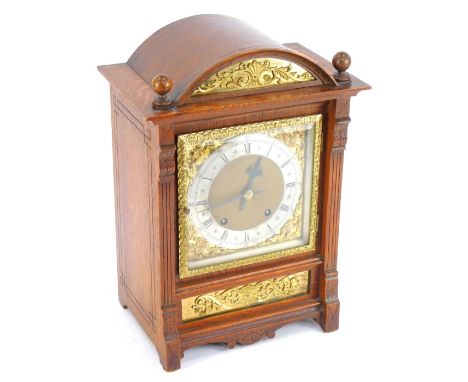 A 19thC oak ting tang mantel clock, by Winterhalder &amp; Hoffmeier square brass dial with foliate spandrels, silvered chapte