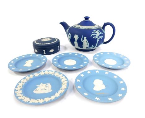 A group of Wedgwood blue Jasperware, comprising dark blue trinket box and teapot, and five Wedgwood light blue pin dishes. 