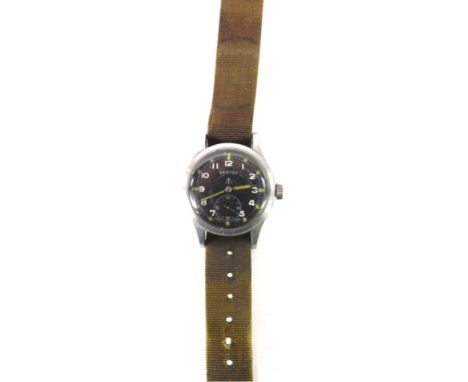 A Vertex military wrist watch, with a black enamel numeric dial, with military arrow and three painted markers with seconds d