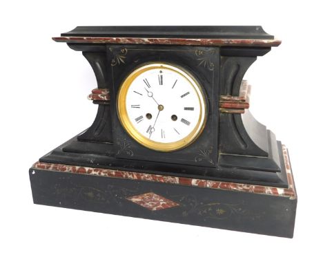 A late 19thC French black slate and marble mantel clock, circular dial, stamped Henry Marc Paris, Roman numerals, eight day m