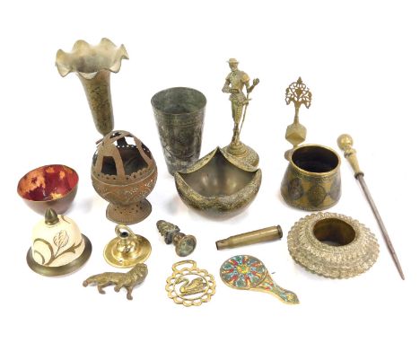 A group of Eastern brassware, comprising hanging incense burner, flared rim vase, niello bowl, enamel hand mirror lacking mir