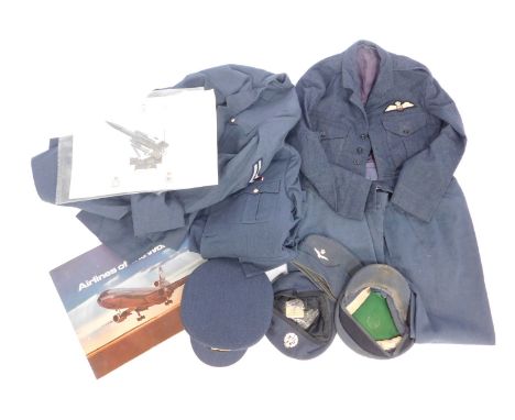 RAF clothing and accessories, comprising beret, number 1 dress cap, Alpkit cap, Airlines of the World poster,  RAF Bloodhound