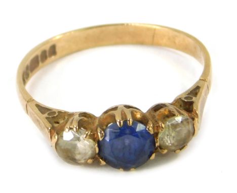 A 9ct gold dress ring, set with cz and sapphire, in a claw setting, ring size P, 2.1g all in. 