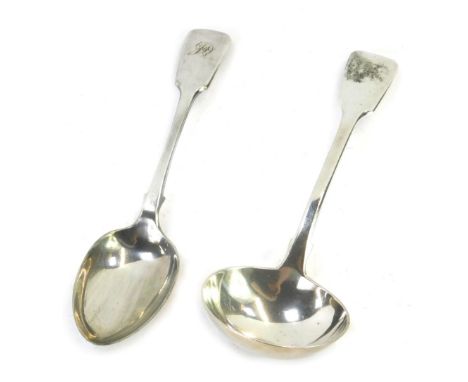 Two spoons, comprising a George V silver fiddle pattern soup ladle, London 1932, 2.46oz, and a silver plated spoon, each engr