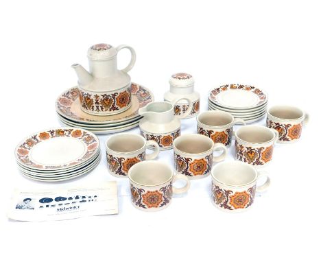 A Midwinter Stonehenge pattern pottery part dinner and tea service, comprising four large dinner plates, teapot, milk jug, mi