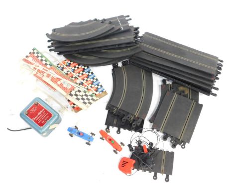 Scalextric, comprising track, bumpers, two cards, transformer pack, etc. (1 box)