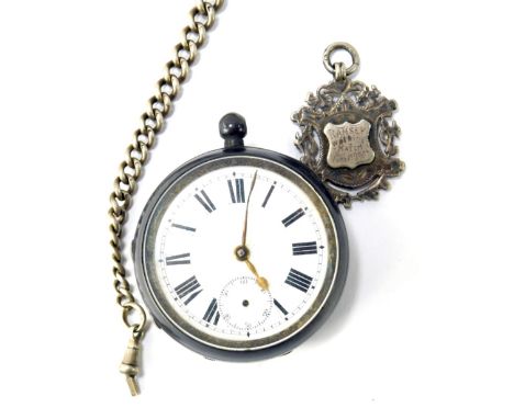 A George V silver half hunter pocket watch, with a white enamel Roman numeric dial with seconds counter, gold coloured hands,