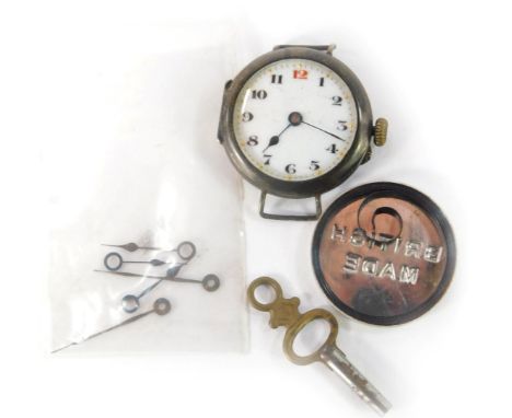 A silver cased wristwatch head and various watch parts, the watch head with white enamel numeric dial with blue hands, 17.2g 